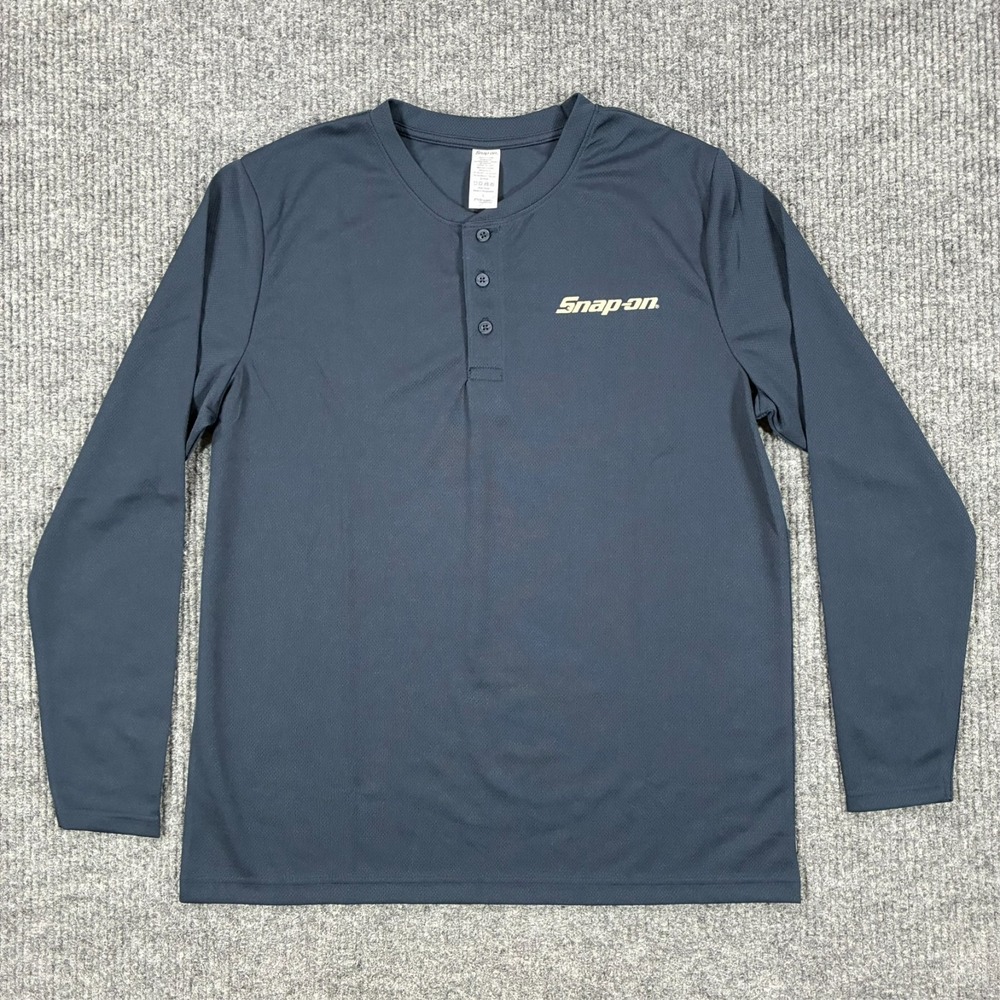 Snap-on Mens Large Gray Performance Henley Long Sleeve 3 Button Logo Shirt